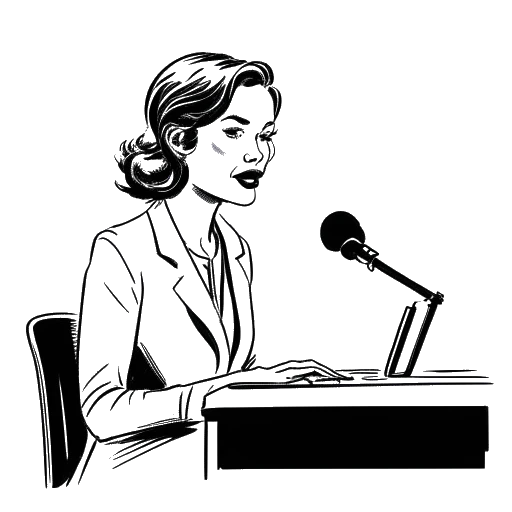 Line art drawing of a woman, representing Katja Krasavice, sitting at a judging panel, with a microphone in front of her, symbolizing her role as a judge on Deutschland sucht den Superstar.