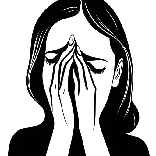 Strichzeichnung einer Frau, die Katja Krasavice repräsentiert, weint, mit zwei Silhouetten im Hintergrund, die ihre verlorenen Brüder symbolisieren.