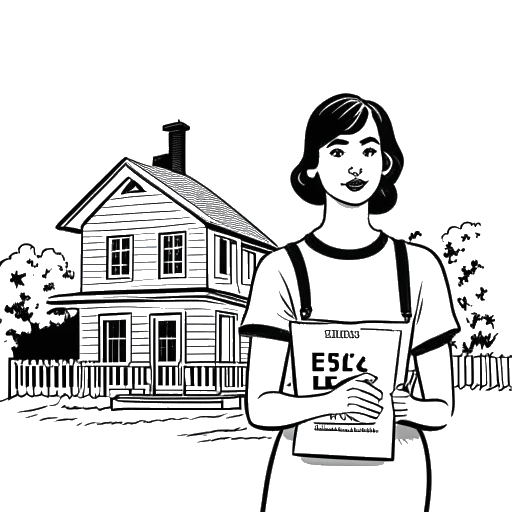 Line art drawing of a woman, representing Katja Krasavice, holding a number 6 placard, with a house in the background, symbolizing her participation in Promi Big Brother.