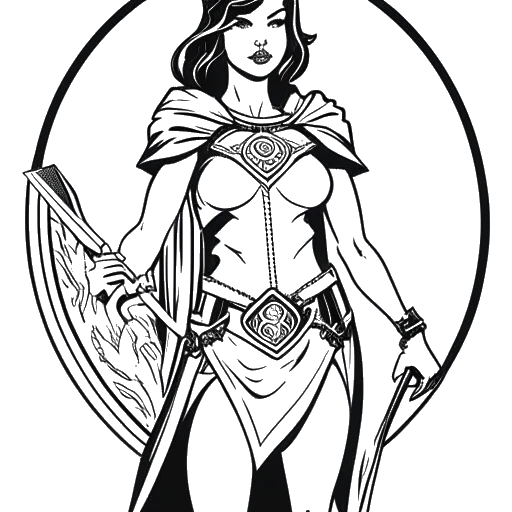 Desenho em arte linear de uma mulher, representando Katja Krasavice, vestindo roupas provocativas, com um escudo ao fundo, simbolizando seu mecanismo de coping.
