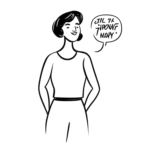 Dibujo de arte lineal de una mujer, representando a Katja Krasavice, de pie con confianza, con un globo de diálogo que contiene las palabras 'manteniéndome fiel a mí misma'.