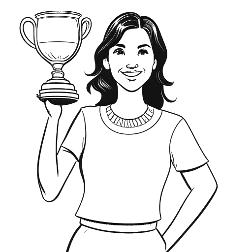 Strichzeichnung einer Frau, die Katja Krasavice repräsentiert, hält einen Pokal, mit den Zahlen 100.000 und 500.000 im Hintergrund, was ihre Abonnenten-Meilensteine auf YouTube symbolisiert.