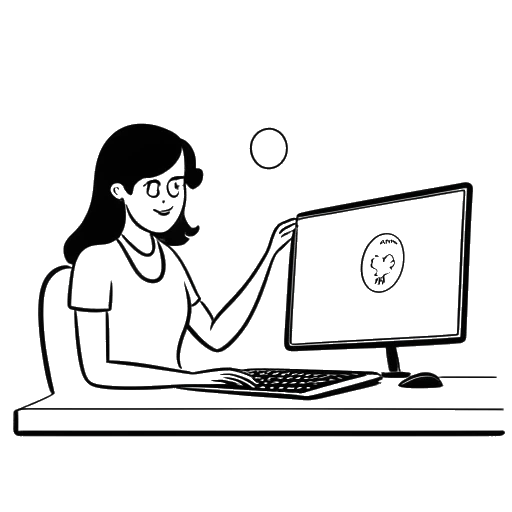 Dibujo de arte lineal de una mujer, representando a Katja Krasavice, sentada frente a una computadora, con un globo de diálogo que contiene el logo de YouTube, simbolizando su inicio de un canal de YouTube.
