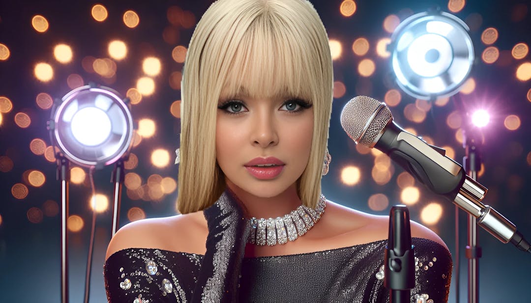 Katja Krasavice, a glamorous woman with a fair complexion, confidently looks into the camera in a luxurious studio. She is bald, wearing a stylish outfit that accentuates her curves. The background sparkles with city lights, representing her success. Microphones and music notes symbolize her music career, while a diamond necklace adds elegance. This ultra-realistic thumbnail image captures the boldness and artistry of Katja's world.