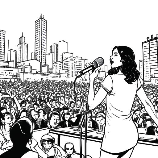 Black and white line art depicting a woman, which symbolizes Lola Brooke, holding a microphone, performing in front of a crowd. Surrounding her are representations of records and streaming symbols, with a cityscape and record label office in the background, all against a white canvas.