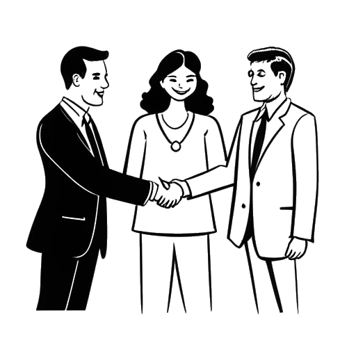 Line art drawing of a woman, representing Lola Brooke, shaking hands with two executives, representing Arista Records and Team 80, while holding a contract.