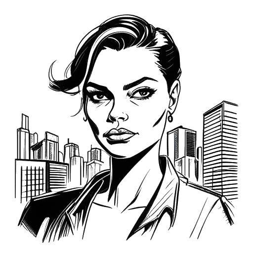 Line art drawing of a woman, representing Lola Brooke, with a strong and determined expression. The background features urban buildings, all against a white backdrop.
