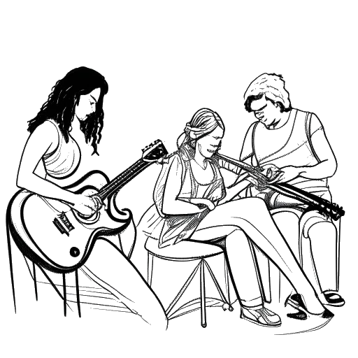 Line art drawing of a woman, representing Lola Brooke, surrounded by three other musicians, working together in a studio, all against a white backdrop.