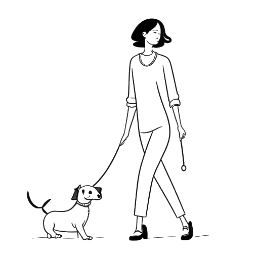 Lijntekening van een vrouw, Lola Brooke voorstellend, die een lijn vasthoudt en wandelt met een blije hond aan haar zijde.