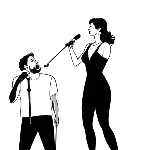 Line art drawing of a woman, representing Lola Brooke, holding a microphone and performing alongside a male singer, with a large number '17,000,000' displayed on a screen behind them.