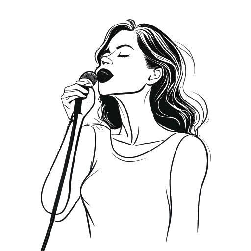 Desenho de linha de uma mulher, representando Lola Brooke, segurando confiantemente um microfone, cercada por uma aura de energia e criatividade, enquanto improvisa.