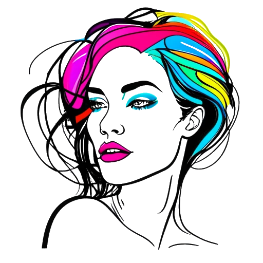 Desenho de linha de uma mulher, representando Lola Brooke, com cabelos vibrantes e multicoloridos, mostrando confiança e expressividade.