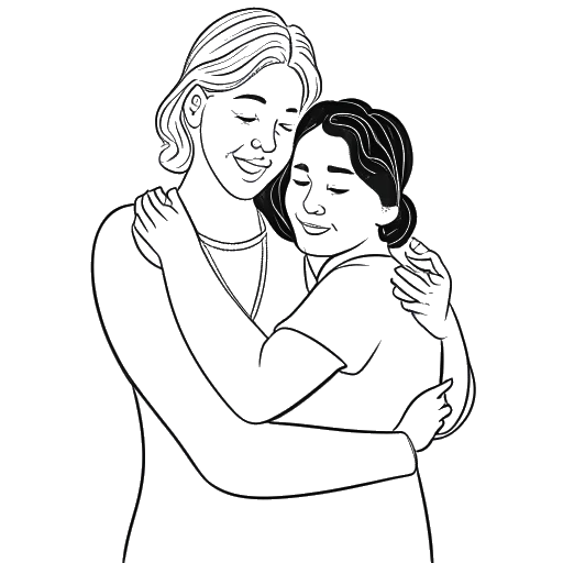Desenho de linha de uma mulher, representando Lola Brooke, abraçando sua mãe, que está lhe entregando um jogo de chaves, simbolizando o emprego como assistente residencial em um abrigo.