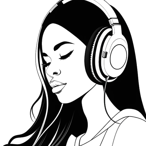 Lijntekening van een vrouw, Lola Brooke voorstellend, die muziek luistert via koptelefoon, met een portret van Nicki Minaj prominent weergegeven op de achtergrond.