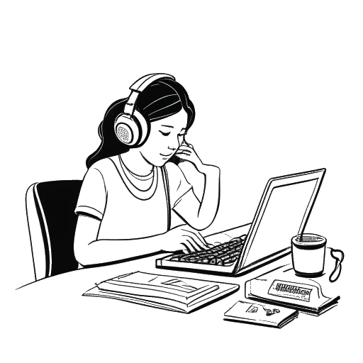 Line art drawing of a young woman, representing Lola Brooke, studying at a desk with headphones on, while juggling various job responsibilities.