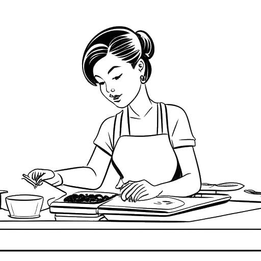 Lijntekening van een vrouw, Lola Brooke voorstellend, die sushirollen bereidt aan een keukenaanrecht, met een tevreden uitdrukking op haar gezicht.