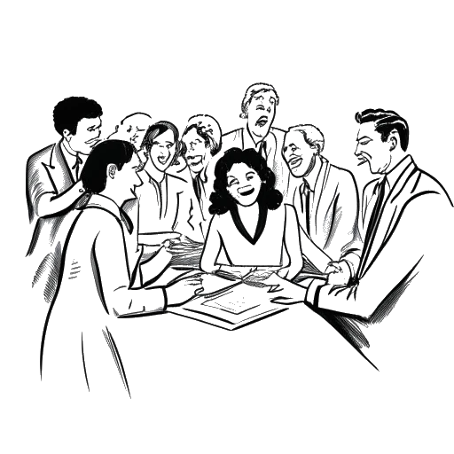 Line art drawing of a woman, representing Lola Brooke, signing a contract, with a group of people around her celebrating her success, all against a white backdrop.