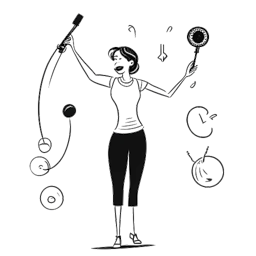 Line art drawing of a woman, representing Cathy Hummels, juggling various roles including a microphone, a dumbbell, a pen, and a smartphone, symbolizing her versatile roles on a white backdrop.