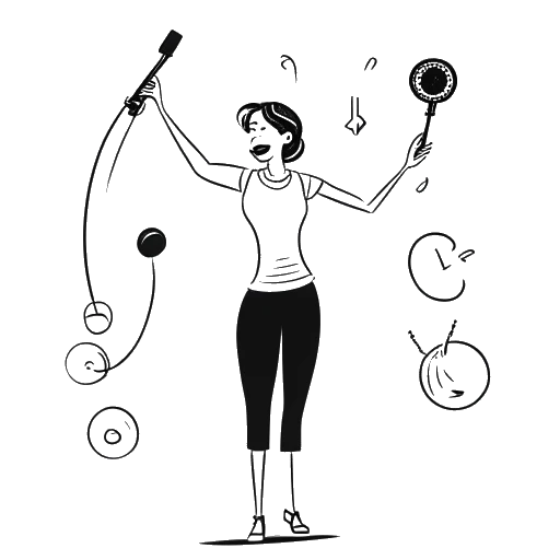 Dibujo de arte lineal de una mujer, representando a Cathy Hummels, llevando a cabo varios roles que incluyen un micrófono, una mancuerna, un bolígrafo y un teléfono inteligente, simbolizando sus roles versátiles en un fondo blanco.