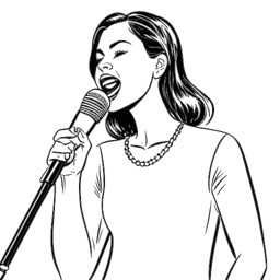 Line art drawing of a woman, representing Cathy Hummels, holding a microphone and reporting at a major sporting event, symbolizing her breakthrough as an influencer on a white backdrop.