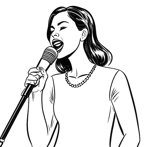 Lijnkunsttekening van een vrouw, die Cathy Hummels vertegenwoordigt, een microfoon vasthoudend en verslag uitbrengend op een groot sportevenement, wat haar doorbraak symboliseert als invloedrijke persoonlijkheid op een witte achtergrond.