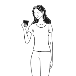 Dibujo de arte lineal de una mujer, representando a Cathy Hummels, de pie con confianza con un teléfono inteligente, simbolizando su éxito como influencer y su aplicación de entrenamiento en un fondo blanco.