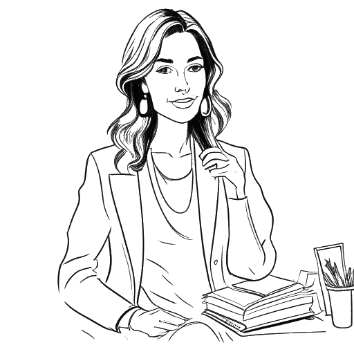 Desenho linear de uma mulher, representando Cathy Hummels, apresentando um programa de TV, escrevendo livros e gerenciando sua linha de moda, mostrando resiliência e foco em cada empreendimento, em um fundo branco.