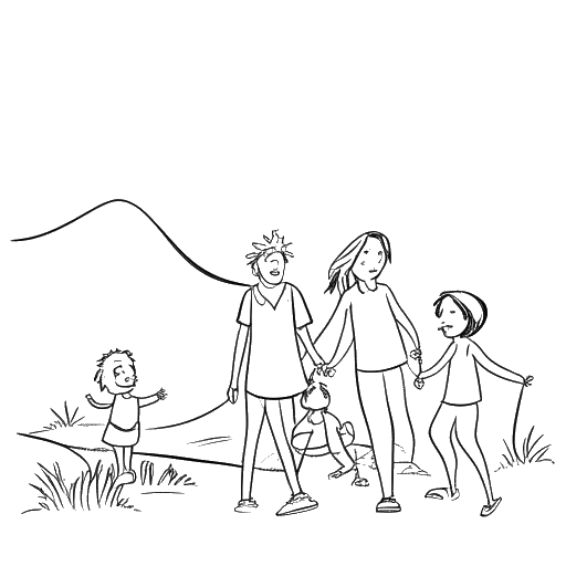 Dibujo de línea de una mujer disfrutando de una aventura con su familia, representando el amor de Cathy Hummels por las aventuras y las reuniones.