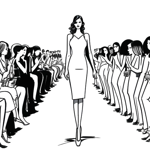 Line art drawing of a woman with a microphone in front of a runway with fashion models, representing Cathy Hummels reporting for ProSieben during Berlin Fashion Week.
