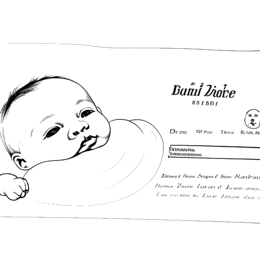 Dibujo de línea de un recién nacido, representando a Cathy Hummels, con un certificado de nacimiento que muestra 1988 y Dachau.