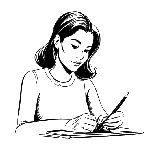 Lijnkunsttekening van een jonge vrouw die schrijft op een notitieblok met het logo van Closer magazine, die de start van de carrière van Cathy Hummels vertegenwoordigt.