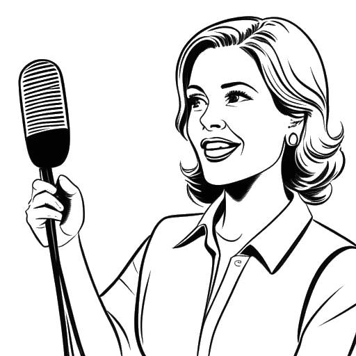 Line art drawing of a woman holding a microphone with a sports background, representing Cathy Hummels moderating Cathy unterwegs on Sky Sports.