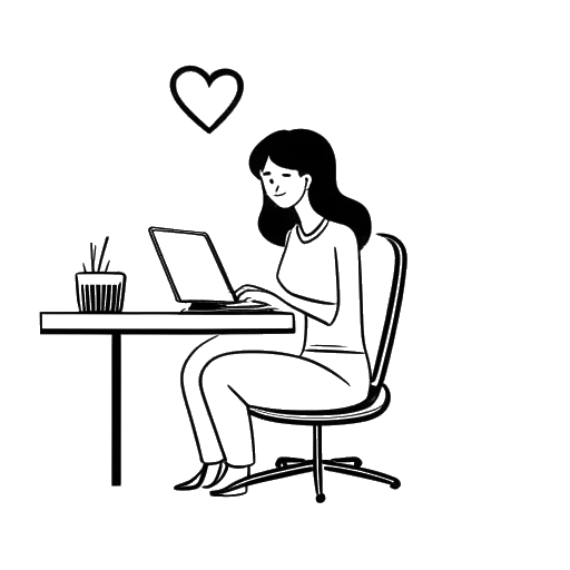Dessin en ligne d'une femme assise dans un bureau avec un logo en forme de cœur, représentant Cathy Hummels visitant une agence de rencontres.