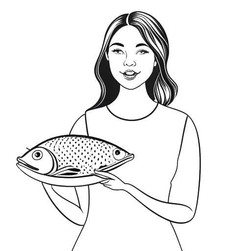 Lijnkunsttekening van een vrouw met een veganistisch gerecht en een vis, die Cathy Hummels' dieet vertegenwoordigt.