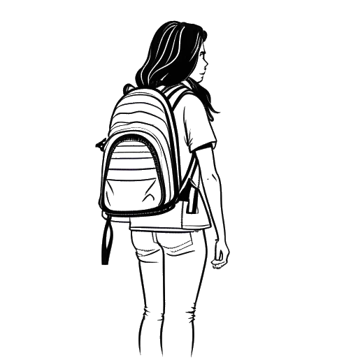 Dibujo de línea de una adolescente con una mochila y una bandera americana, representando a Cathy Hummels durante su año de intercambio.