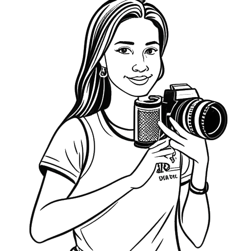 Desenho em arte linear de uma mulher segurando uma câmera em frente a um campo de futebol com elementos brasileiros, representando o diário em vídeo de Cathy Hummels para bild.de durante a Copa do Mundo da FIFA.