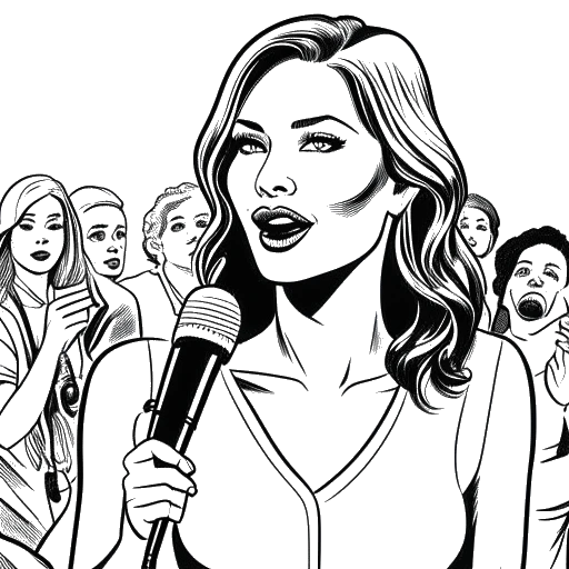 Dibujo de línea de una mujer sosteniendo un micrófono con estrellas de realidad en el fondo, representando a Cathy Hummels moderando Kampf der Realitystars.