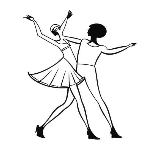 Line art drawing of a woman in a dancing outfit with a star and a dancing partner, representing Cathy Hummels competing in Let's Dance.