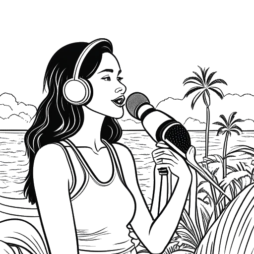Strichzeichnung einer Frau mit einem Mikrofon und einer tropischen Insel mit Paaren im Hintergrund, was Cathy Hummels' Vertretung von Jana Ina Zarrella bei Love Island repräsentiert.