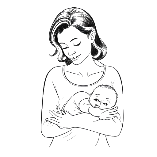 Line art drawing of a woman holding a baby with the name Ludwig on a birth certificate, representing Cathy Hummels as a mom.