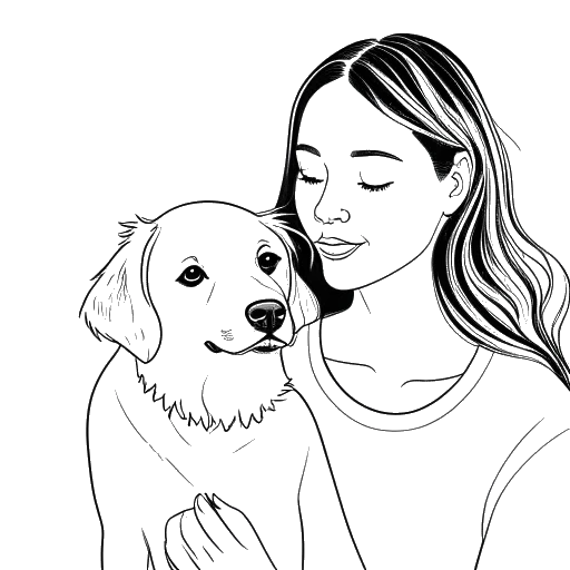 Line art drawing of a woman with her pet dog named Mazda, representing Cathy Hummels.