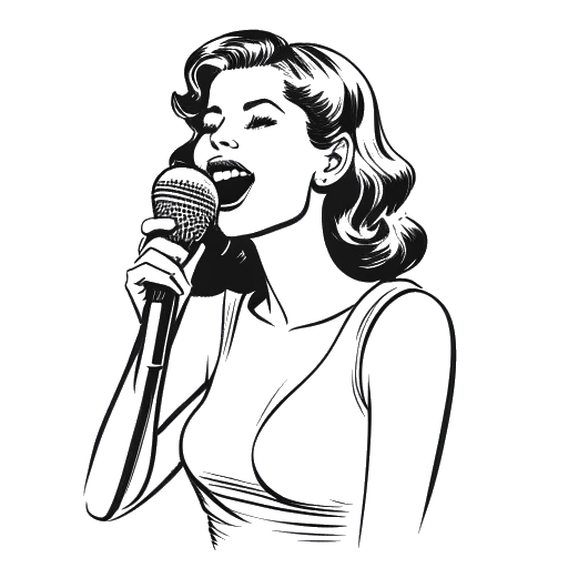 Dibujo de línea de una mujer sosteniendo un micrófono con la portada de un álbum de Schlager, representando a Cathy Hummels considerando lanzar un álbum de Schlager.