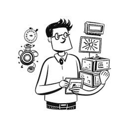 Line art drawing of a man holding a stack of video editing software boxes, representing Whang!. He has a thought bubble with gears turning and a stopwatch, symbolizing time management. All against a white background.