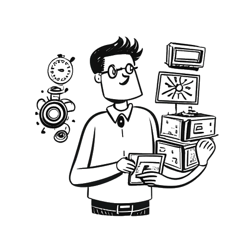 Line art drawing of a man holding a stack of video editing software boxes, representing Whang!. He has a thought bubble with gears turning and a stopwatch, symbolizing time management. All against a white background.