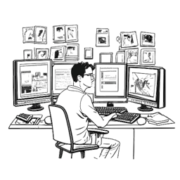 Line art drawing of a man born in 1984, representing Whang!. He has an intense expression on his face, sitting in front of a computer with multiple screens displaying internet images and videos, all against a white background.