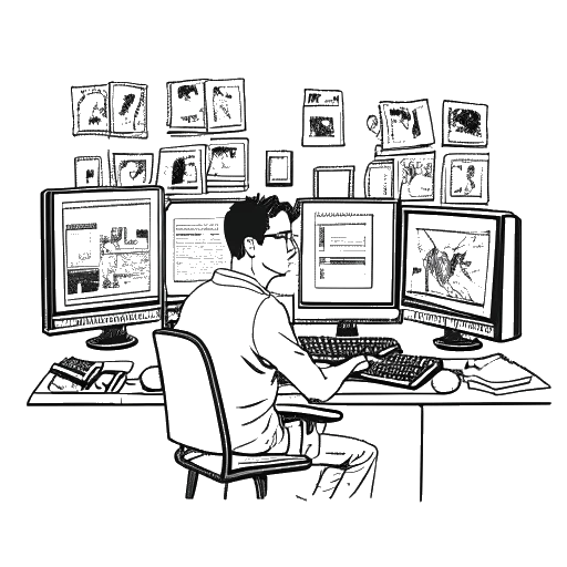 Line art drawing of a man born in 1984, representing Whang!. He has an intense expression on his face, sitting in front of a computer with multiple screens displaying internet images and videos, all against a white background.
