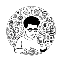 Line art drawing of a man holding a magnifying glass, representing Whang!. He is surrounded by puzzle pieces and internet-related symbols, all against a white background.