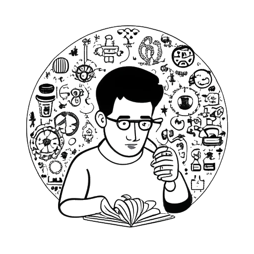Line art drawing of a man holding a magnifying glass, representing Whang!. He is surrounded by puzzle pieces and internet-related symbols, all against a white background.