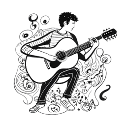 Lijntekening van een man die gitaar speelt, die Whang! voorstelt. Hij wordt omringd door muzieknoten en symbolen, allemaal tegen een witte achtergrond.