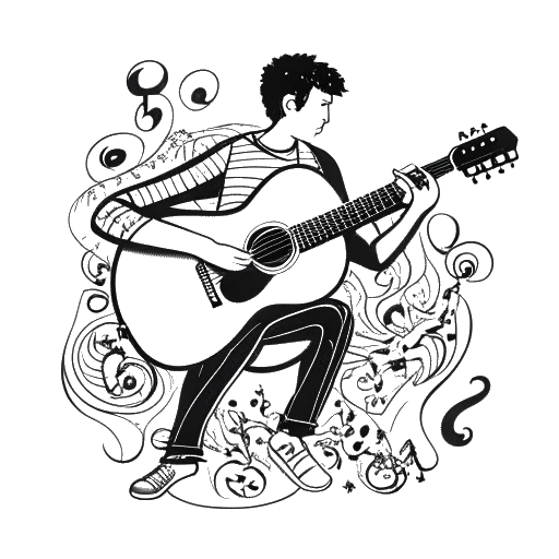 Dibujo a línea de un hombre tocando una guitarra, representando a Whang!. Está rodeado de notas musicales y símbolos, todo en un fondo blanco.